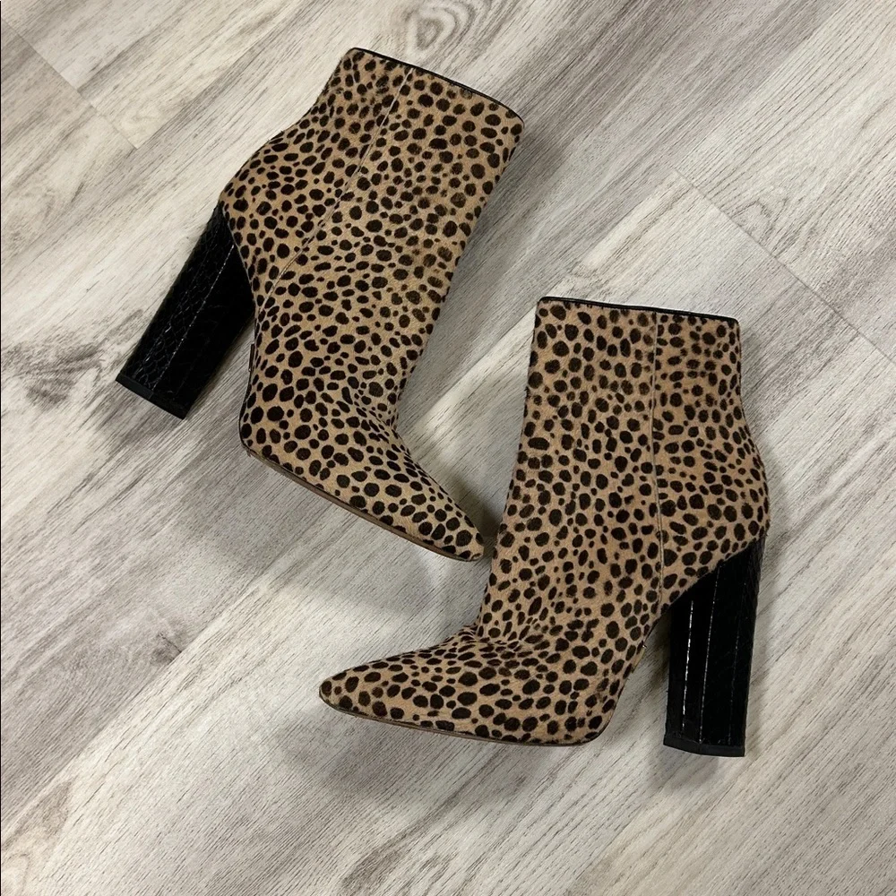 Michael Kors Leopard Calf Hair Embossed Leather Gold Zip Chunky Heel Ankle Boots